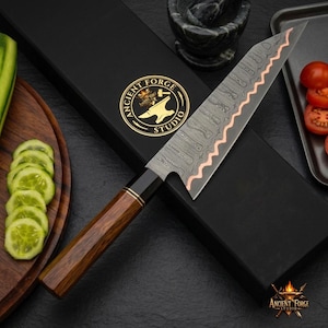 Copper Damascus Chef Knife – Hand Forged Kiritsuke Kitchen Knife, Octagonal Rosewood Handle, Luxury Gift for Him