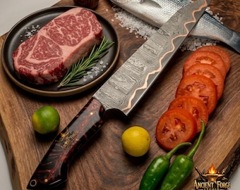 Handmade Copper Damascus Chef Knife – Turquoise Rosewood Handle, Leather Sheath, Gift for Him, Anniversary Birthday