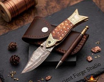 Handmade Copper Damascus Fish Folding Knife – Rosewood Bone Handle, Pocket Knife Collector's Piece, Anniversary Gift