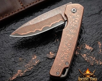 Handmade Copper Damascus Folding Knife – Cu Mai Pocket Knife, Leather Sheath, Anniversary Birthday Gift for Him