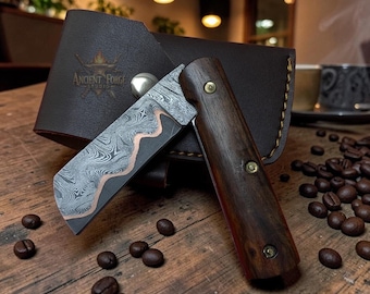 Hand Forged Copper Damascus Steel Folding Knife, Copper Damascus Pocket Knife, Walnut Wood Handle, Leather Belt Sheath, Gift for Him