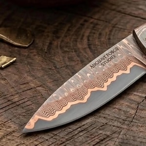 Handmade Copper Damascus Folding Knife, Cu-Mai Artisan Pocket Knife with Leather Sheath, Unique Luxury Gift for Him image 10