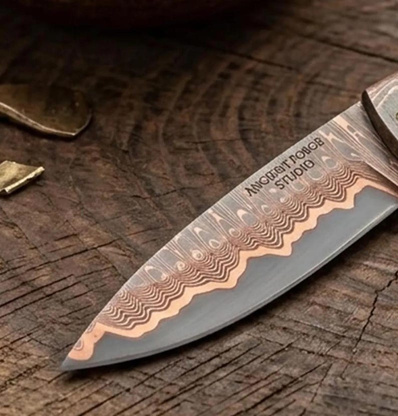Handmade Copper Damascus Folding Knife, Cu-Mai Artisan Pocket Knife with Leather Sheath, Unique Luxury Gift for Him image 10