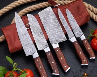 Damaszener Stahl Kochmesser Set - Handgefertigte Küchenmesser | Lederscheide | Jubiläum Geburtstag Weihnachtsgeschenk