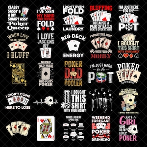 Puede incluir: Una colección de diseños gráficos con temática de póquer sobre un fondo negro. Los diseños presentan naipes y frases como "Poker Queen", "I Bluff" e "I Bought This Shirt". La paleta de colores incluye rojo, blanco y negro.