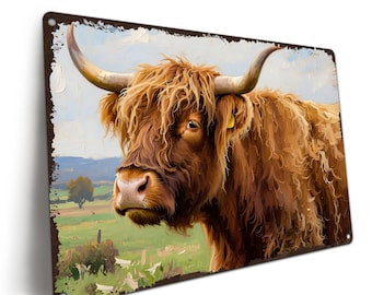 Gepersonaliseerde metalen bord Highland Cow, ruige koe, landelijke badkamerdecoratie, voor hem/haar of housewarmingcadeau