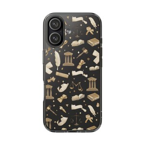 May include: A black phone case with a repeating pattern of law-related icons in shades of tan and white. The design includes scales of justice, books, gavels, scrolls, and columns.