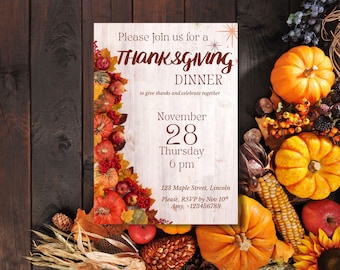 May include: Thanksgiving dinner invitation with pumpkins, gourds, and fall foliage. The invitation text reads "Please join us for a Thanksgiving Dinner" with the date November 28, Thursday, 6 pm.