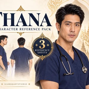 May include: A digital character reference pack titled THANA featuring three views of a medical professional in dark blue scrubs with a stethoscope. The layout includes a large portrait, a side profile, and a back view, all set against a decorative background.