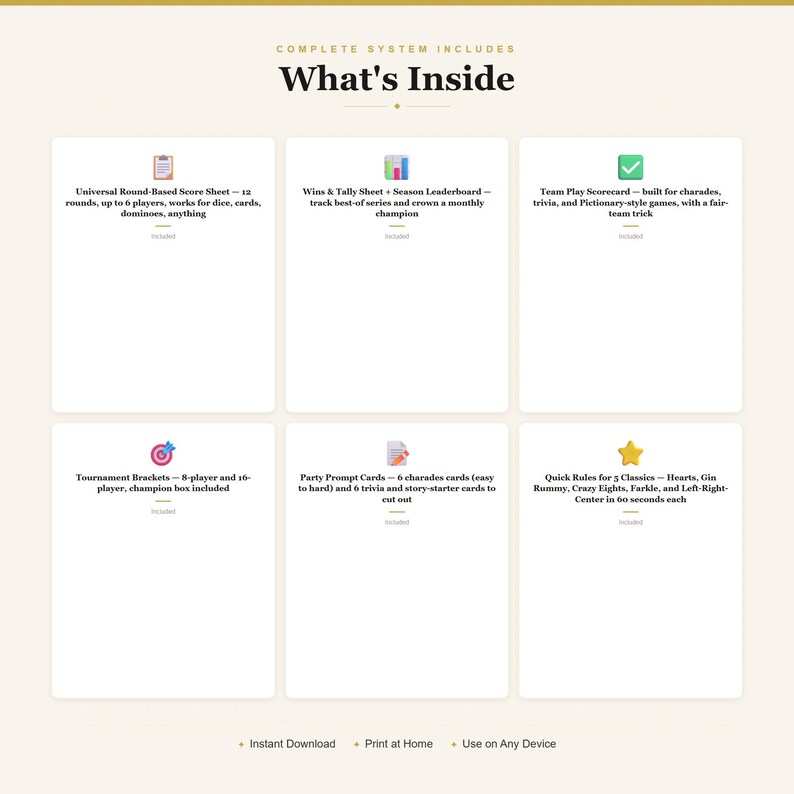 Game Night Score Sheets Pack Universal Scorecards Tournament Bracket Party Games Printable PDF image 2