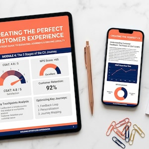May include: An overhead shot features a tablet and smartphone displaying customer experience data, with a pen, paperclips, and a small succulent. The tablet shows "Creating the Perfect Customer Experience" with key metrics and analysis. The phone shows a similar presentation.
