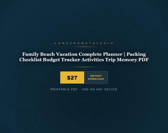 Planificador completo de vacaciones familiares en la playa / Lista de equipaje / Seguimiento del presupuesto / Actividades / Recuerdos del viaje (PDF)