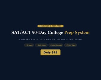 Sistema de preparación universitaria de 90 días para el SAT y el ACT / Planificador de estudio, seguimiento de puntuaciones (descarga en PDF)