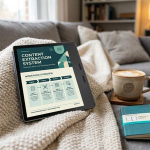 Puede incluir: Una tableta digital muestra un diagrama de flujo de trabajo de "Content Extraction System" sobre una manta de punto color crema. Junto a ella hay una taza de café, un cuaderno, un bolígrafo y gafas, sugiriendo un área de trabajo.