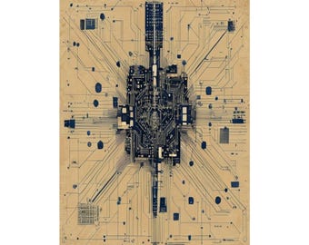 Neural Processor Blueprint Art | Vintage Technical Illustration | Tech Wall Decor | Smart Home Artwork