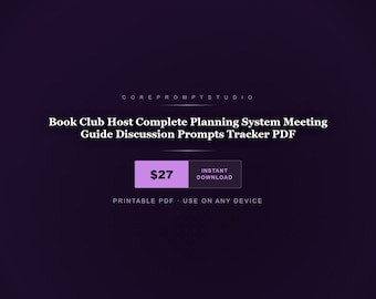 Sistema completo de planificación para anfitriones de clubes de lectura: Guía de reuniones, Preguntas para la discusión y Registro de temas (PDF).