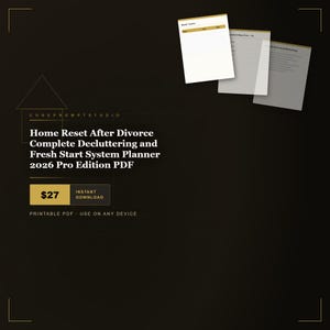 以下が含まれることがあります： CorePromptStudioによるデジタルプランナー「Home Reset After Divorce Complete Decluttering and Fresh Start System Planner 2026 Pro Edition PDF」。金色のヘッダーが付いた白いページと、マスタートラッカーが含まれています。
