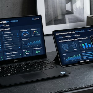May include: A black laptop, tablet, and smartphone displaying a cryptocurrency platform interface. The screens show data visualizations and the text "CRYPTOCURRENCY PLATFORM DUE DILIGENCE". A black mug with "CRYPTO" is on the desk.