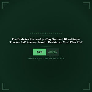 以下が含まれることがあります： 暗い緑色の背景にデジタル製品の広告。テキストは「Pre-Diabetes Reversal 90-Day System | Blood Sugar Tracker A1C Reverse Insulin Resistance Meal Plan PDF」と表示されています。緑色のボックスには「$29」と「Instant Download」と表示されています。