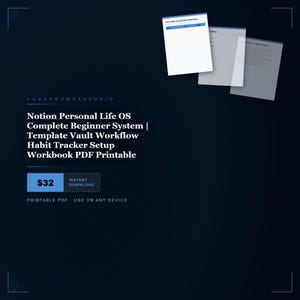 Puede incluir: Anuncio de producto digital sobre un fondo azul oscuro. El texto dice "Notion Personal Life OS Complete Beginner System | Template Vault Workflow Habit Tracker Setup Workbook PDF Printable". Tres documentos blancos están en la esquina superior derecha.