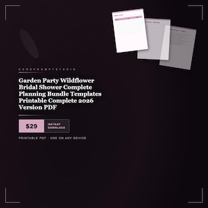May include: A digital planning bundle for a Garden Party Wildflower Bridal Shower, featuring printable PDF templates for 2026. The dark background displays white text, including the title and a box labelled Instant Download, with three document previews.