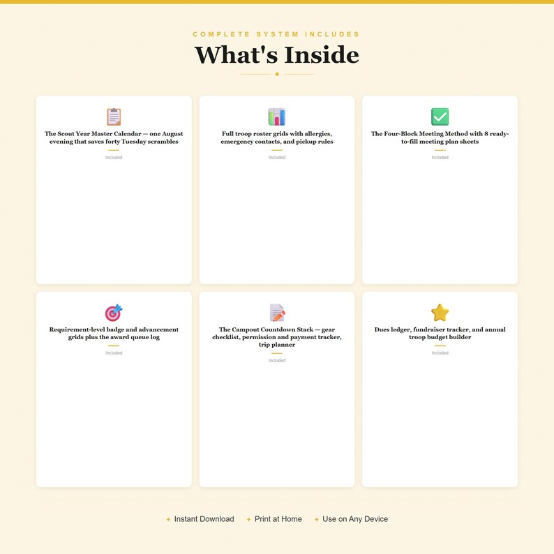 Sistema completo de coordinación para líderes scouts / Lista de la tropa / Rastreador de insignias / Planificador de reuniones para campamentos (PDF) imagen 2