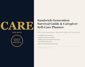Sandwich Generation Caregiver Planner | Aging Parent Care + Family Life Organizer Digital Workbook PDF