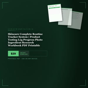 Puede incluir: Un libro de trabajo digital en PDF imprimible para el seguimiento completo de rutinas de cuidado de la piel con tres páginas blancas con encabezados verdes. El texto dice COREPROMPTSTUDIO Skincare Complete Routine Tracker System Product Testing Log Progress Photo Ingredient Research Workbook PDF Printable. Un cuadro verde muestra 29 $ y DESCARGA INSTANTÁNEA.