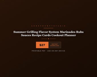 Sistema de sabores para barbacoa de verano: adobos, condimentos, salsas, tarjetas de recetas, planificador de barbacoas en PDF.