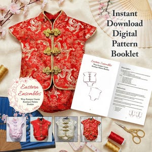 Molde digital para costura de body infantil Lexi estilo Cheongsam, tamanho 3 meses.