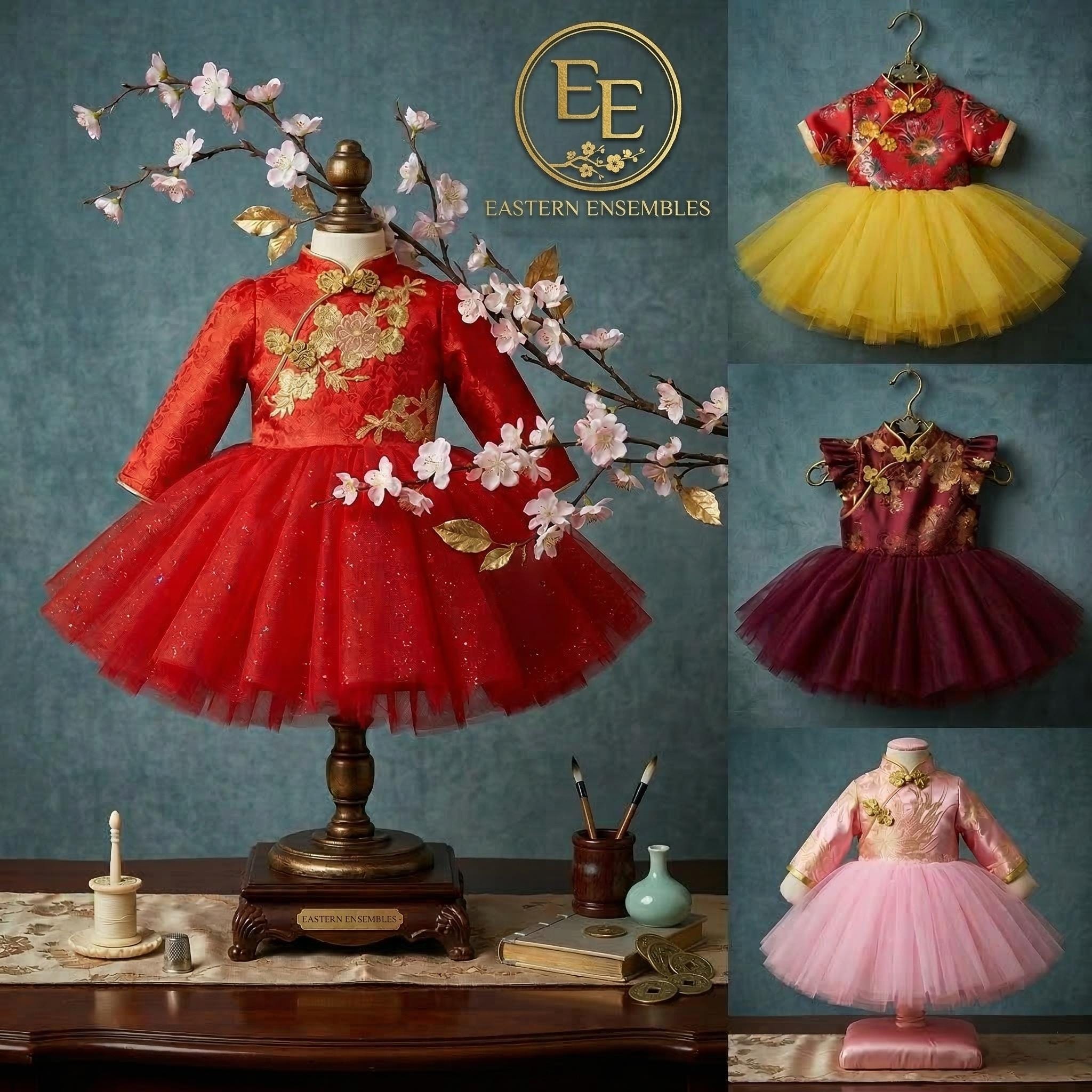 Abito Da Cerimonia Per Bambina In Seta – Capodanno Cinese – Abito Lungo Con Fiori Di Ciliegio