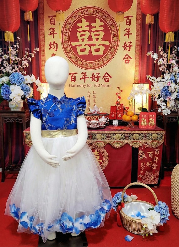 3T Royal Blue Floating Petal Flower Girl Qipao | Gold Plum Blossom Brocade Dress | Chinese Wedding Tea Ceremony