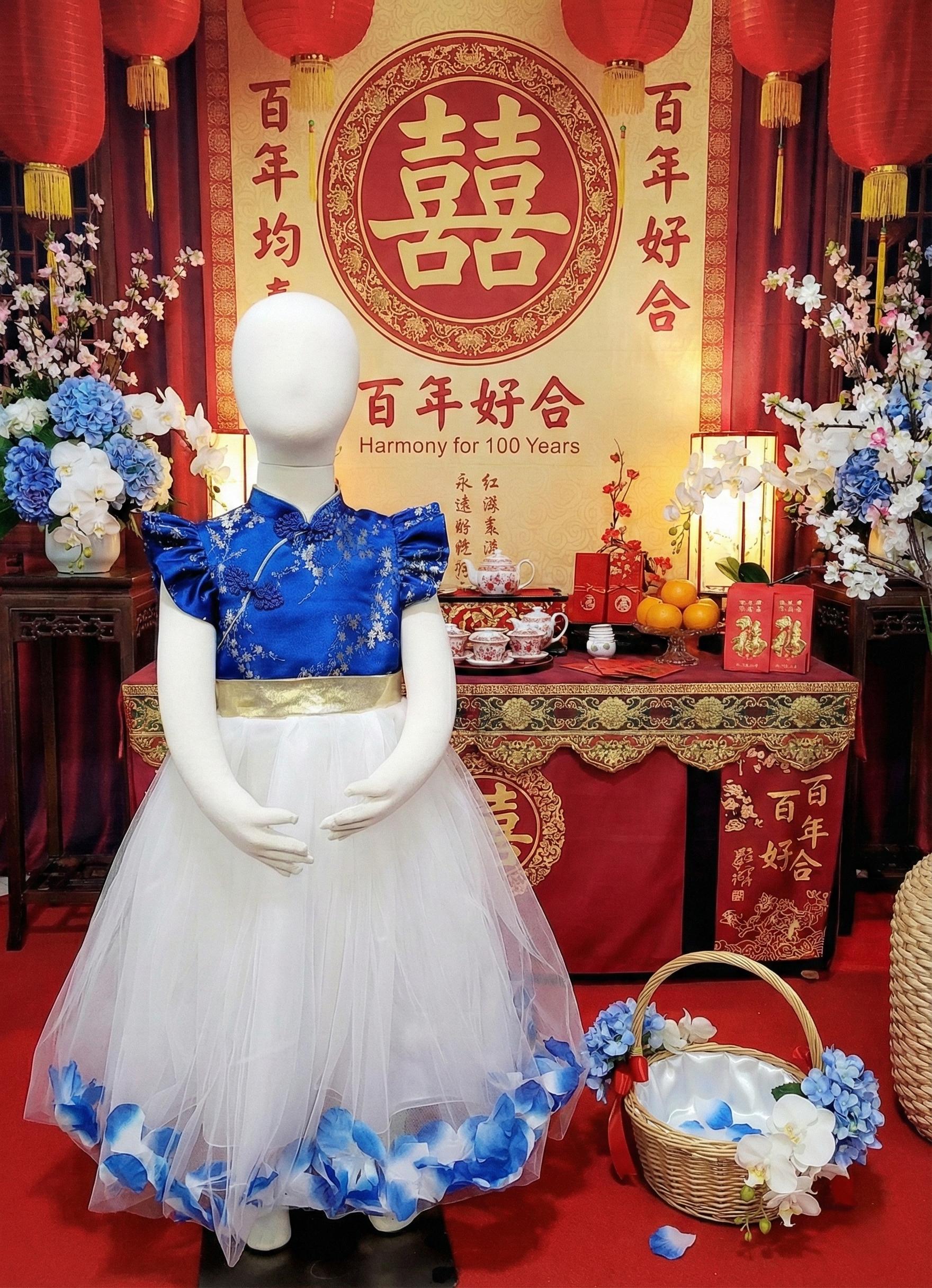 3T Royal Blue "Floating Petal" Flower Girl Qipao | Gold Plum Blossom Brocade Dress Chinese Wedding Tea Ceremony