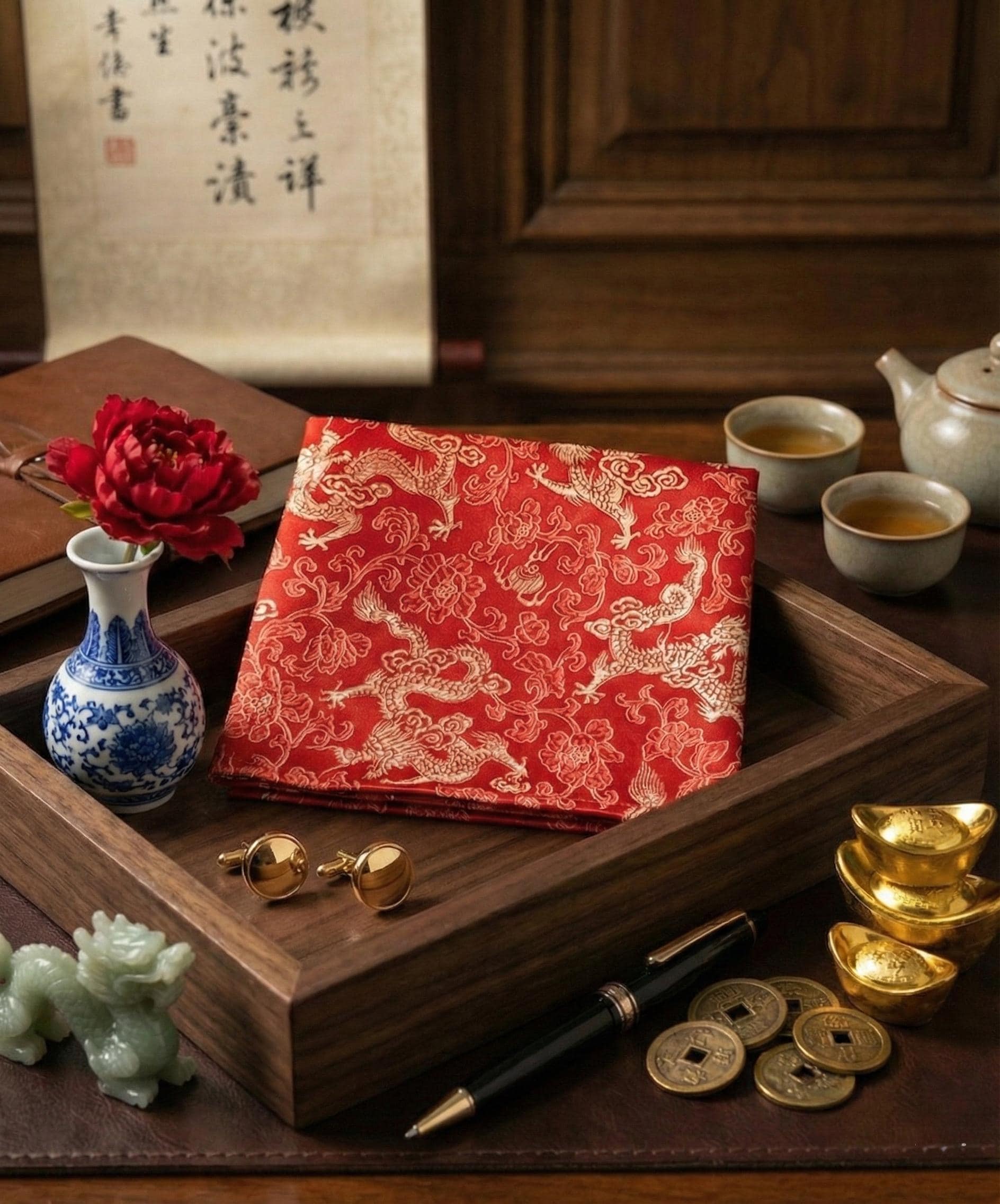 Bespoke Chinese Dragon Brocade Pocket Square Lunar New Year, Wedding, Milestone Celebrations Handmade Asian Formal Wear