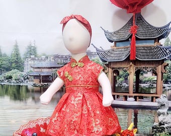 Custom Baby Cheongsam A-line Dress with Mandarin Collar in Brocade Fabric
