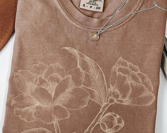 Comfort Colors® Floral Outline Shirt, Minimalist Botanical Tee, Line Art Flower Graphic T-shirt, Boho Nature Top, Aesthetic Garden Gift
