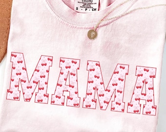 Comfort Colors® Cherry Bow Mama Shirt, Coquette Mom Tee, Aesthetic Mama Top, Mothers Day Gift, Strawberry Bow T-Shirt, Girly Mom Outfit