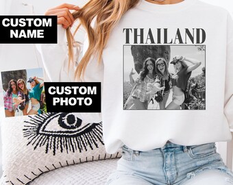 Custom Travel Photo Sweatshirt, Personalized Trip Hoodie, Friends Vacation Crewneck With Custom Location Name