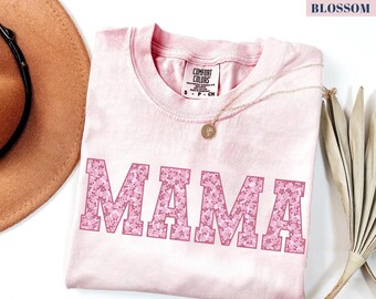 Comfort Colors® Floral MAMA Shirt: Pink Mama Shirt Flower, Blue Varsity Mom Tee, Spring Mom Shirt