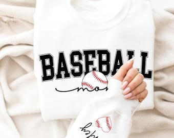 Custom Baseball Mom Sweatshirts/Hoodies: Custom Name on Sleeve, Personalized Baseball Mom Gift, Game Day Clothing