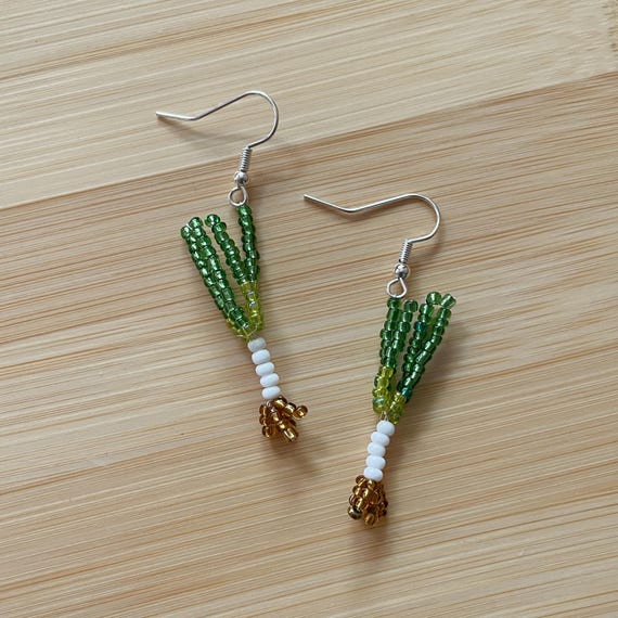 Scallion Green Onion Handmade Glass Seed Bead Earrings