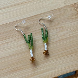 May include: A pair of handmade beaded earrings. Each earring features a green beaded top, a white beaded center, and a brown beaded bottom, resembling a scallion. The earrings have silver-colored fish hook ear wires.