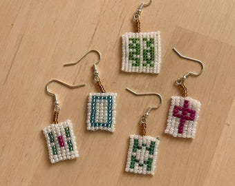 Handmade Beaded Mahjong Tile Earrings - Dragons Bamboo