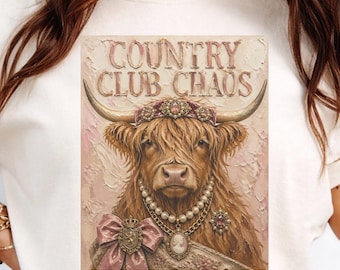 Caos de vaca de las Tierras Altas en el Country Club PNG / Diseño para tazas, bolsos, decoración de pared / Diseño rústico de vaca con humor sarcástico