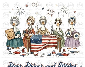 Diseño PNG de gansos de costura / Gansos patrióticos de Betsy Ross / Diseño para amantes de la costura del 4 de julio en Estados Unidos / 1776 - 250 años de EE. UU.