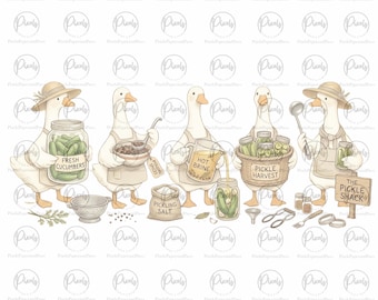 Gansos jardineros PNG / Lindos gansos jardineros de pepinos / Archivo PNG de sublimación para encurtido de pepinos + PNG de bonificación gratis / Para amantes de los pepinillos