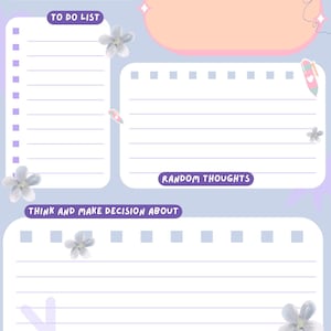 Può includere: Una pagina di pianificazione dai colori pastello con sezioni per una lista di cose da fare, pensieri casuali e decisioni. Il design include accenti floreali, una casella di data rosa e uno sfondo azzurro. Il layout è progettato per la pianificazione e l'organizzazione quotidiana.