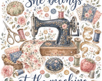 Ella pertenece a la máquina PNG Costura vintage PNG Clip art de costurera Cottagecore Camiseta de amante de la costura Diseño de costura de abuela