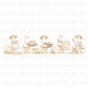 May include: Watercolor illustration of a line of geese dressed as bakers. Each goose is wearing a hat and apron, carrying items like a jar labeled "Starter", bread, a pot, a bag of "Flour", and a spatula. The scene includes wheat and other baking ingredients.