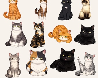 Paquete PNG de gatos críticos, paquete de imágenes prediseñadas de gatos poco impresionados, descarga digital de arte minimalista de gatos